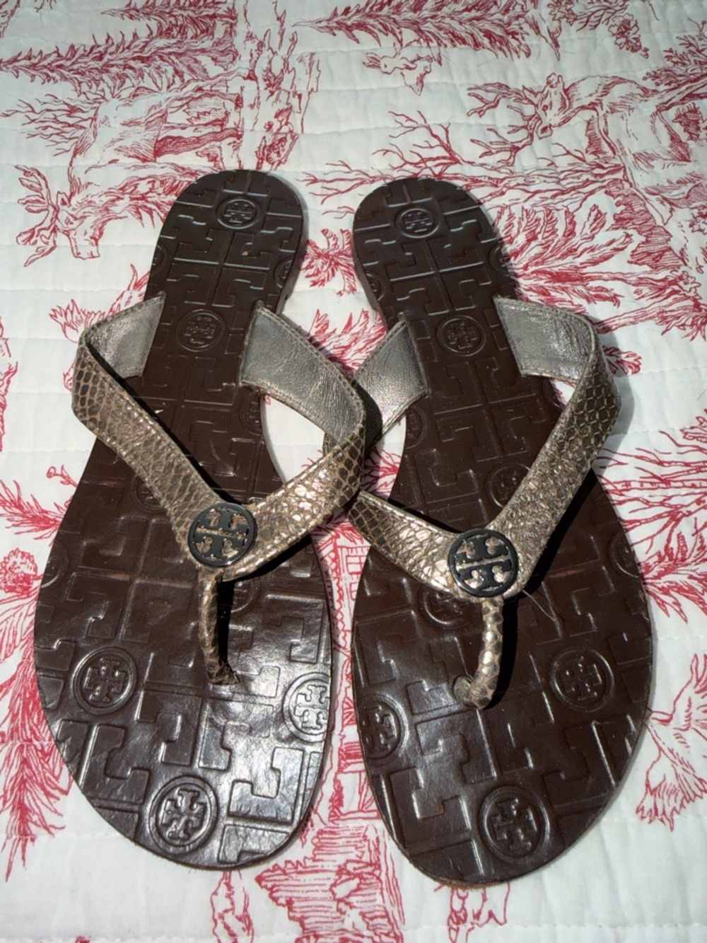 Tory Burch Thora Thong Flip Flop Snakeskin Silver Black Gunmetal